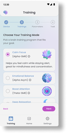 BrainGoMo app — Choose Training Mode