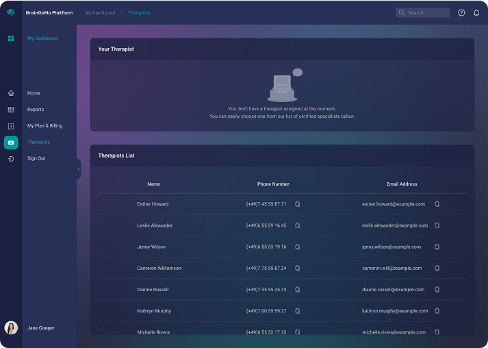 BrainGoMo Dashboard — Therapists