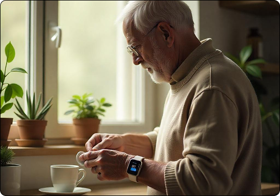 Participant using wearable monitoring at home for Parkinson's research