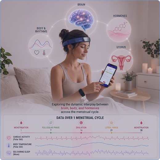 Participant wearing Muse EEG and Polar 360 with menstrual cycle biomarker charts