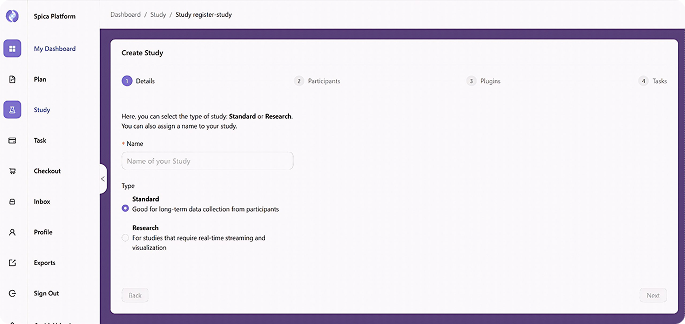 Spica Dashboard — Create a Study