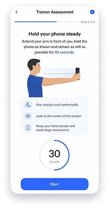Tremor Assessment Task: Remote Quantification of Tremor Dynamics and Motor Instability — app screens