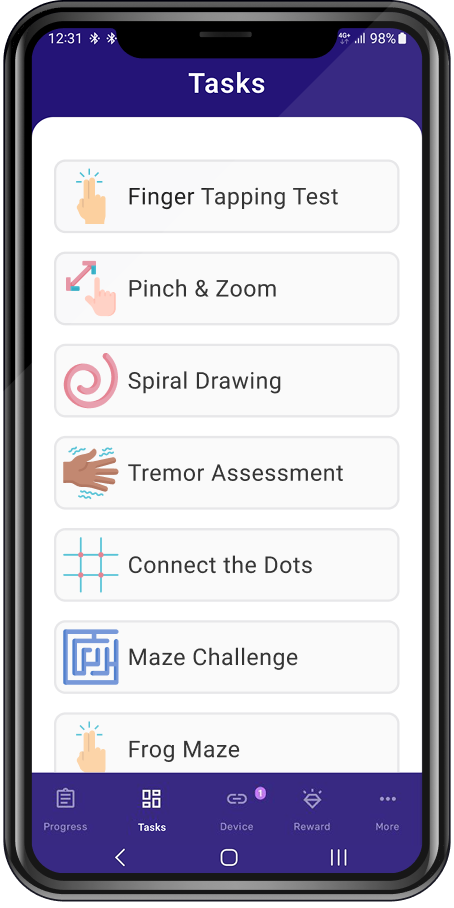 Spica app — Tasks screen showing Finger Tapping, Pinch & Zoom, Spiral Drawing, and other assessments