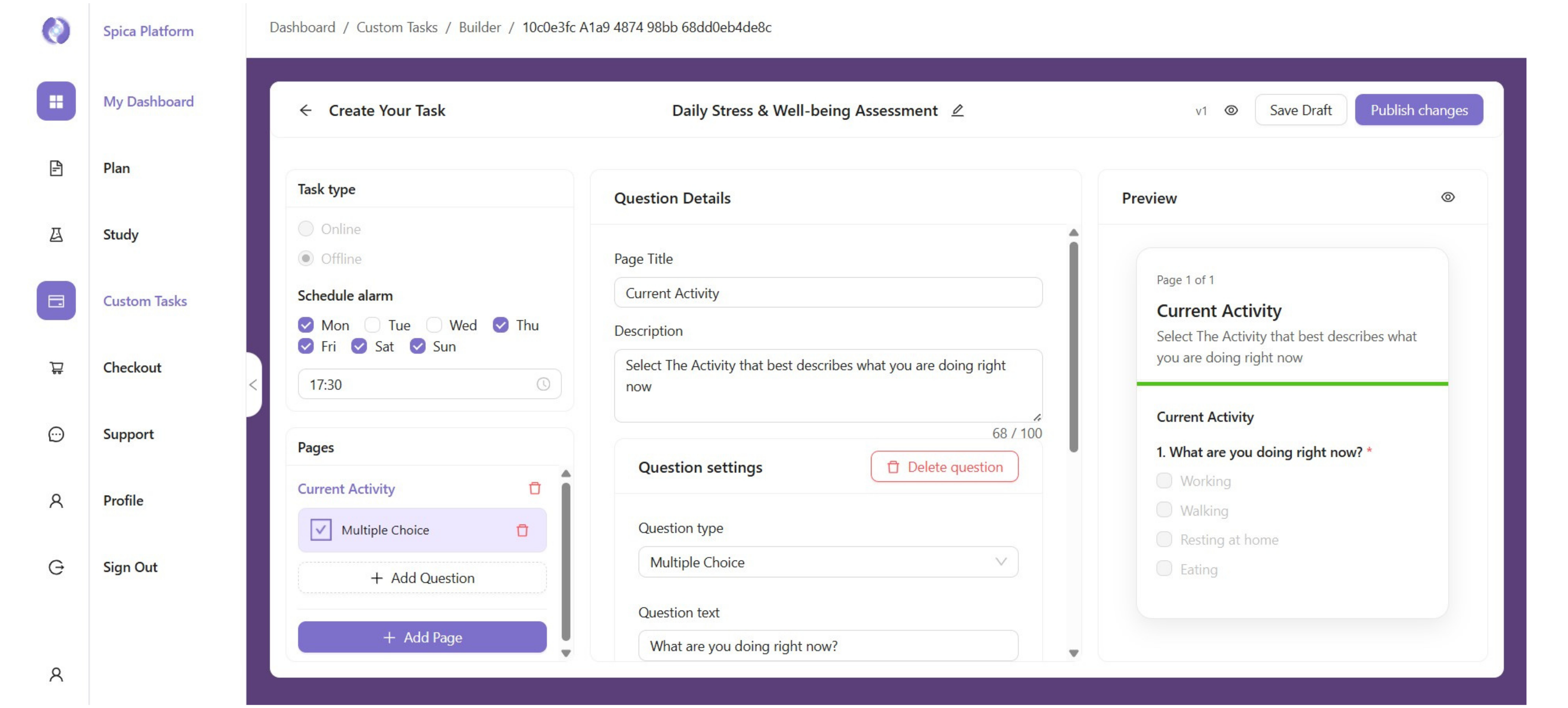 Spica EMA Creator — questionnaire builder with live mobile preview